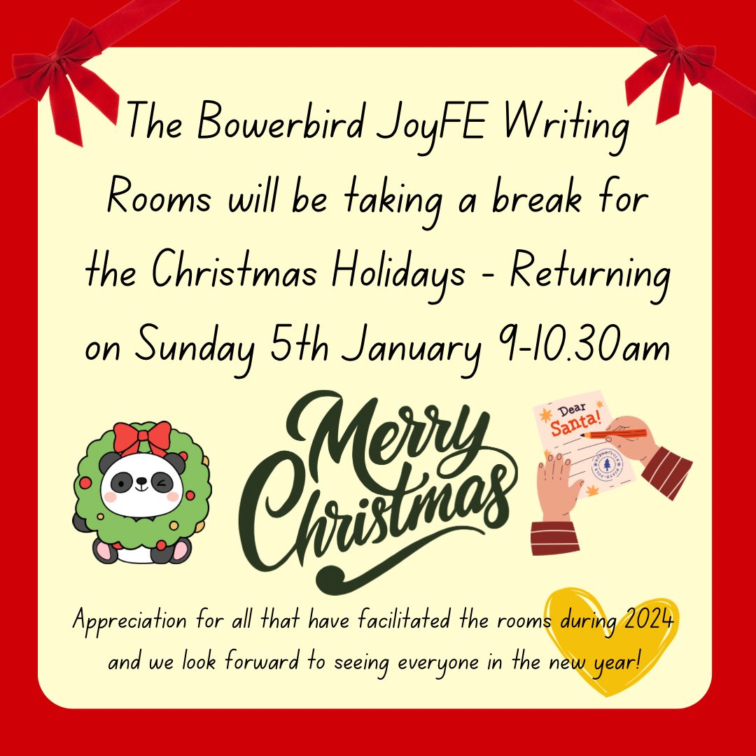 An easeful start to the day in the #JoyFE
Writing Rooms 💛 - always glad to be in the space with everyone. 

Following this morning, the Bowerbird is taking a rest and will open up again on Sunday 5th January. Have a Joyful Christmas break all 🎄🥰🦚