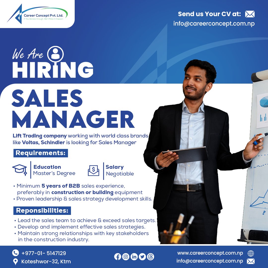 career_concept_'s tweet photo. We Are Hiring!!
Sales Manager
Send your CV at: info@careerconcept.com.np
..
..
#jobsearch #HotJob #hiringnow #nowhiring #jobseekers #jobsearch #jobhunt #careerchat #jobposting #jobhuntchat #recruiting #careers #careerchange #dreamjob #freelancer #hiringnow #jobsearching https://t.co/mxkUMBUueu