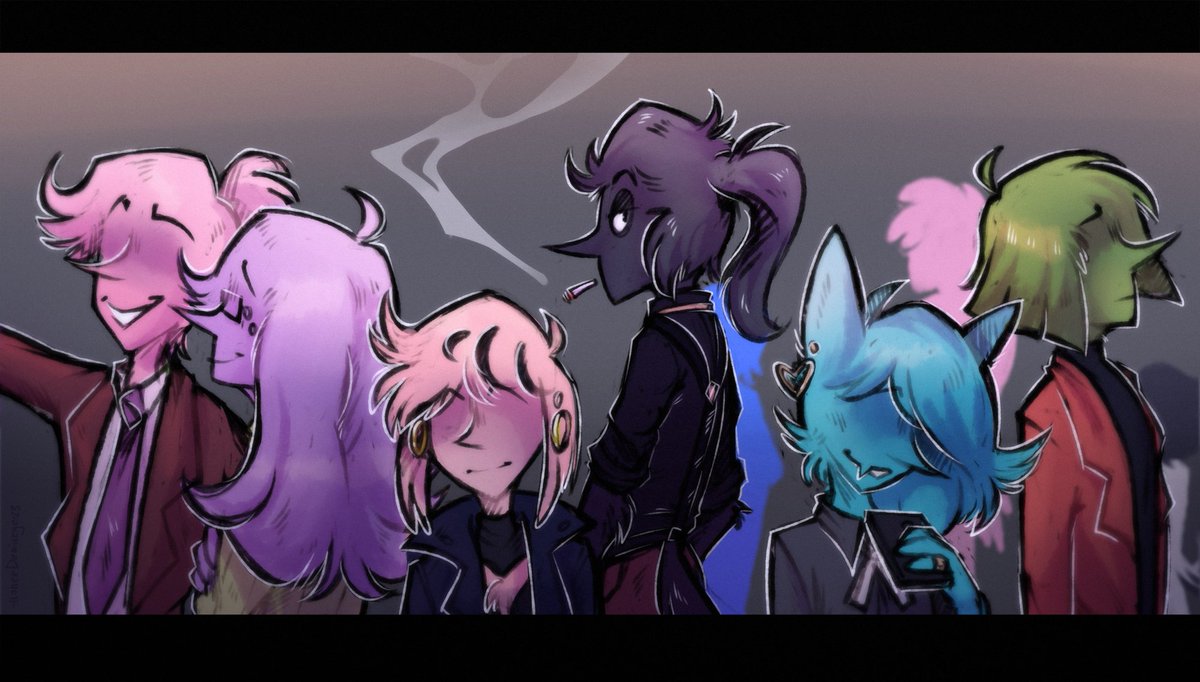 funnyDemiurge's tweet photo. a picture that couldn't happen in the main plot, but here it is, all the key characters are here - Tos himsef, Dave, Keyssedy, Cassette, Type, Vanessa, Blue, Middletech, Send. well, the reasons for the impossibility of such a picture, I think, are visible on the latest version. https://t.co/NUToxO87Ht