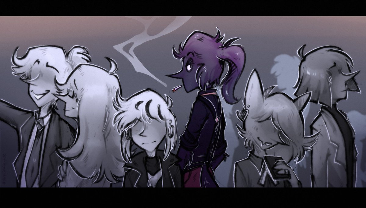funnyDemiurge's tweet photo. a picture that couldn't happen in the main plot, but here it is, all the key characters are here - Tos himsef, Dave, Keyssedy, Cassette, Type, Vanessa, Blue, Middletech, Send. well, the reasons for the impossibility of such a picture, I think, are visible on the latest version. https://t.co/NUToxO87Ht