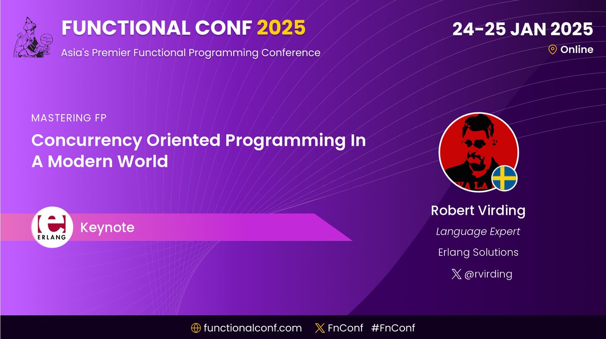rvirding's tweet photo. I will be speaking at Functional Conf 2025. It will be a great conference! https://t.co/57TBzZ2ZJy