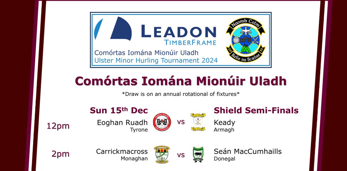 ScreenGAA's tweet photo. Today will see the start of our Ulster minor club tournament.
First up is the shield finals
@DGNHurlingclub Vs @keadylamhdhearg
And then
@cmxhurling vs @MacCumhaills https://t.co/bkidoEsPBN