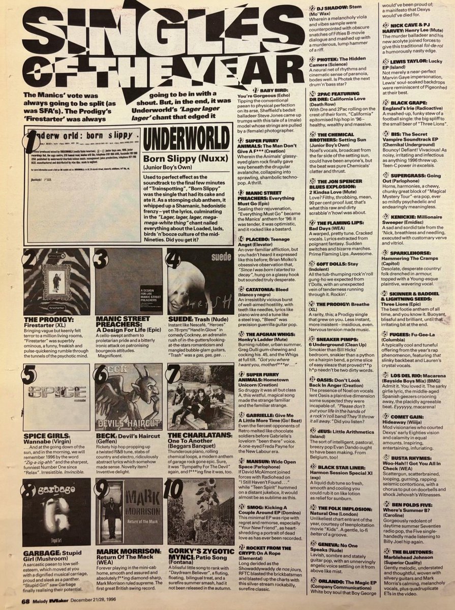 ShiiineOn_'s tweet photo. Melody Maker Top 50 singles 1996. https://t.co/7FjjsWMyY2