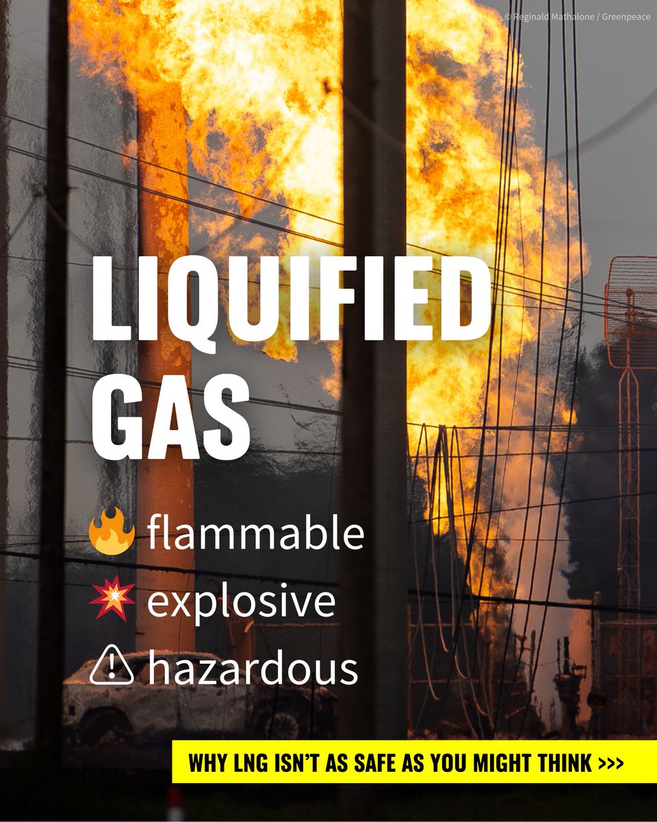 Greenpeaceafric's tweet photo. LNG is flammable, explosive, & hazardous.
A new report by @greenpeace_de on liquified accidents reveals the perils of #LNG, listing 104 accidents since 1944.
Read the report: https://t.co/7zvRESzYmX
#StopFossilGas #gaslobbystoppen #nonewgas
🧵1/2 https://t.co/0tlEdEYDTH