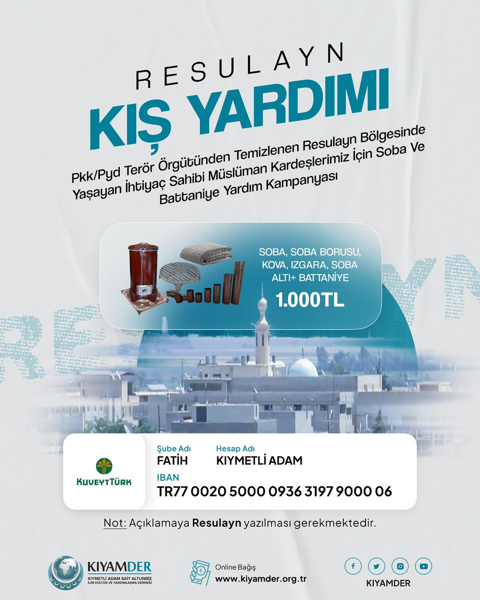 PKK/PYD Terör örgütünden temizlenen Resulayn bölgesinde ihtiyaç sahibi Müslüman kardeşlerimiz için soba ve battaniye bağışı yapabilirsiniz. Bir soba takımı ve bir battaniye ücreti 1.000 TL'dir.