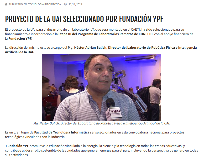 Hemos sido seleccionados por <a href="/FundacionYPF/">Fundación YPF</a> ¡Gracias!, para llevar adelante nuestro proyecto #innovador, #remotización de herramientas de enseñanza sobre #IoT  y  #nuevastecnologías para las universidades argentinas.

<a href="/UAI_Univ/">UAI_univ</a>  <a href="/CaetiUai/">CAETI - UAI</a> <a href="/conexionabierta/">CONEXIÓN ABIERTA</a> 
noticias.uai.edu.ar/facultades/tec…