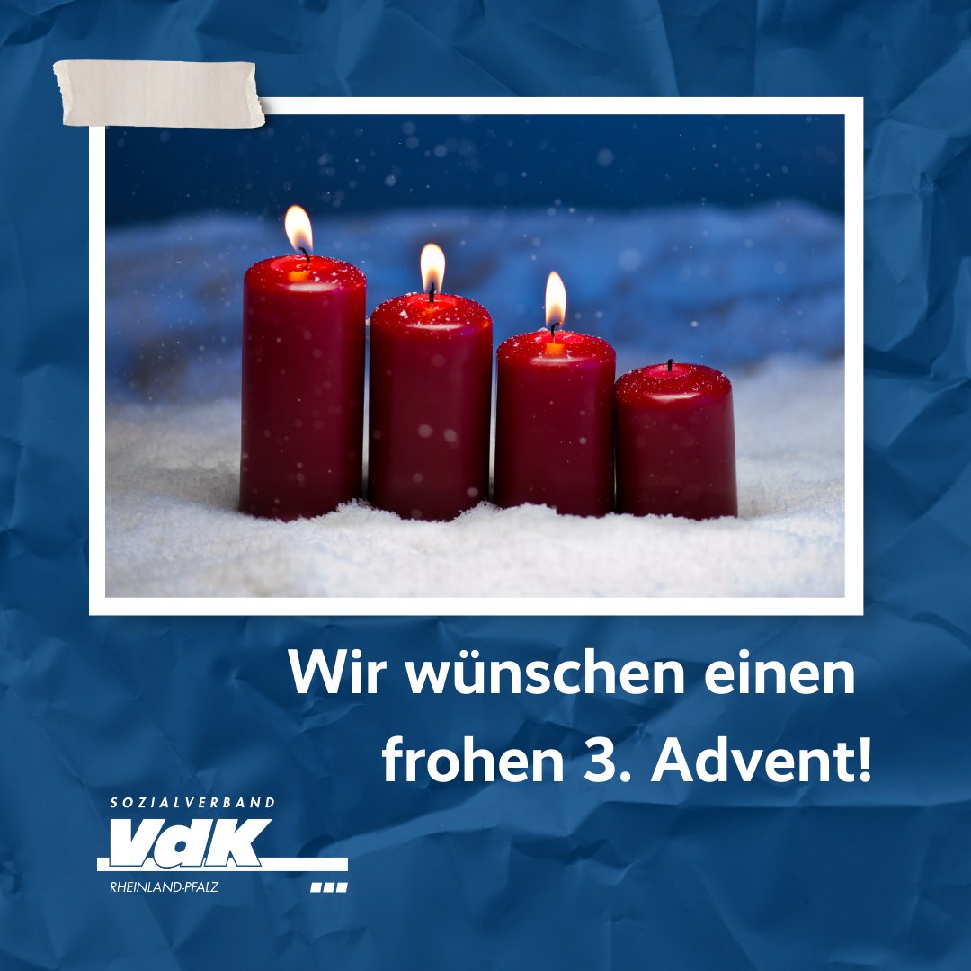 VdK_RLP's tweet photo. Der Sozialverband VdK Rheinland-Pfalz wünscht einen frohen dritten #Advent! 🕯️🕯️🕯️ Wir hoffen, dass Ihr schon in Weihnachtsstimmung seid und die ersten Besuche auf dem Weihnachtsmarkt genießen konntet! 🎄💫
#VdKRLP #DritterAdvent #Weihnachtszeit https://t.co/U31m1reZOA