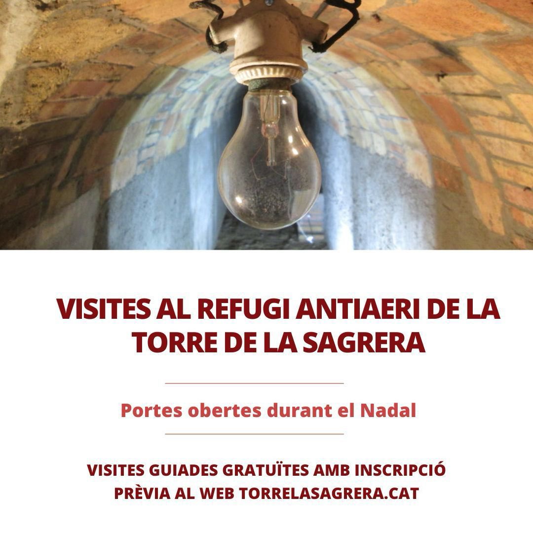 SalvemCAPSgr's tweet image. A la Sagrera #NoOblidem

Vols venir a veure el refugi antiaeri de la Torre de la Sagrera*?
Apunta&apos;t a una visita guiada gratuïta durant les festes de Nadal.
👉🏼 Portes obertes del 16 de desembre al 4 de gener
📌 Reserva la teva visita a la pàgina web 
torrelasagrera.cat/refugi-antiaeri