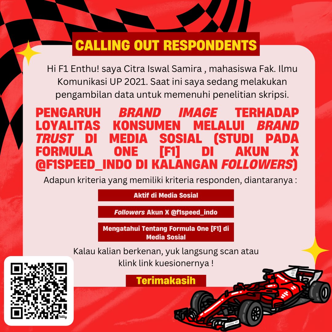citwags16's tweet photo. Hi F1 Fans, boleh bantu aku ya untuk isi kuesioner skripsi ku tentang F1. Need you all🥺🙏🏻 Kalau gabisa scan boleh banget klink link ini yaa : 

https://t.co/I4i3r25Mqa 

Thanks All 🤗🏎️🏁 @f1speed_indo https://t.co/TxSiylyEcz