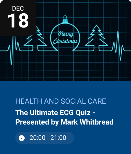 cpdme's tweet photo. Check out this weeks CPD Webinars listed on our website at https://t.co/9j7T4sm2jC. This week we have 3 Live CPD events 17th 18th and 19th of December including our ECG Christmas Quiz. Join today on our website or download the mobile app #CPDMADEEASY #ECG #PrimaryCare #Paramedic https://t.co/fSjeNPaMFU