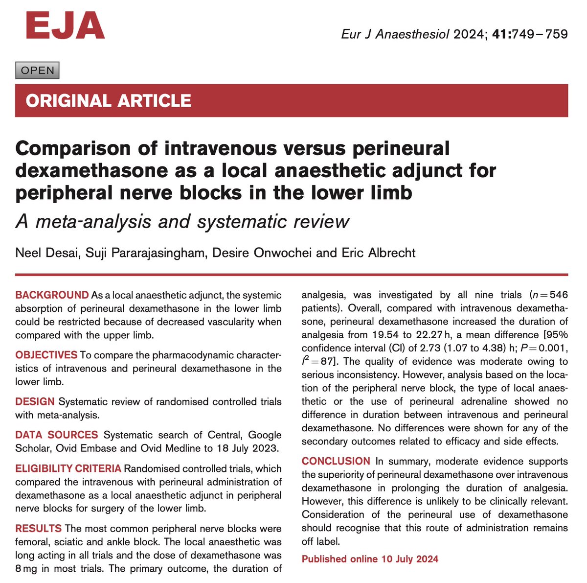 New meta-analysis: Perineural dexamethasone slightly extends analgesia duration after peripheral nerve block in lower limb surgery compared to IV (22h vs 20h). Statistically significant, but clinically limited impact. Please stick with the iv route. #Analgesia #Research #EJA2024
