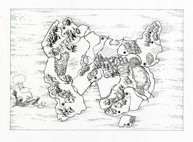 編集さんから資料を渡されたと思うのですが記憶にないですね。ただ私が描いたモノクロの地図も残っています。🤔 