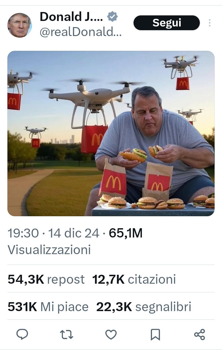 WillAmateurish's tweet photo. Su X, il presidente-eletto degli #Usa, Trump, fa body shaming su un suo nemico politico, Chris Christie, generando con AI un'immagine che usa l'attuale panico da "droni misteriosi" americano. #Ufo https://t.co/4aQnIqicUg