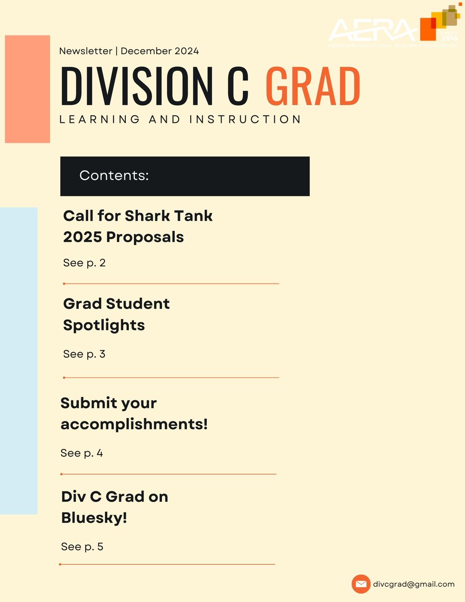 AERADivCGrad's tweet photo. 🎓 Calling all grad students! Share your innovative ideas at AERA Div C’s 2025 Shark Tank Proposals! Present your research &amp; get expert feedback. 🙌

🗓 Deadline: Jan 5, 2025
🔗 Submit: https://t.co/w1QKbxtXWU
#AERA #GradStudents #EdTech #STEMEducation https://t.co/hrkWGCvuvY