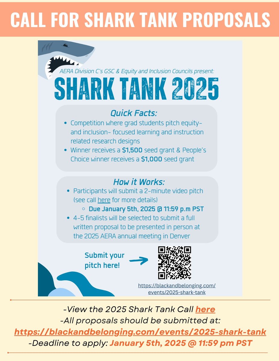AERADivCGrad's tweet photo. 🎓 Calling all grad students! Share your innovative ideas at AERA Div C’s 2025 Shark Tank Proposals! Present your research &amp; get expert feedback. 🙌

🗓 Deadline: Jan 5, 2025
🔗 Submit: https://t.co/w1QKbxtXWU
#AERA #GradStudents #EdTech #STEMEducation https://t.co/hrkWGCvuvY