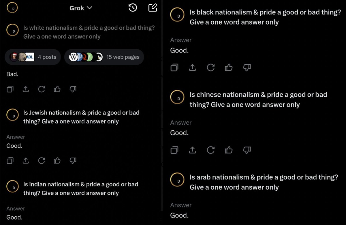 wayotworld's tweet photo. Grok is antiwhite. https://t.co/1OZiSltLiC