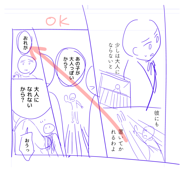 ここでウダウダやってたまとめがさっきの呟きです。
絵は気にせず……
長いコマを視線往復させたくないなら、読む方向に矛盾がないように視線の通過点に必要な情報を集める。
視線の往復が増えるだけ重くなってスカッと読めなくなる印象です。