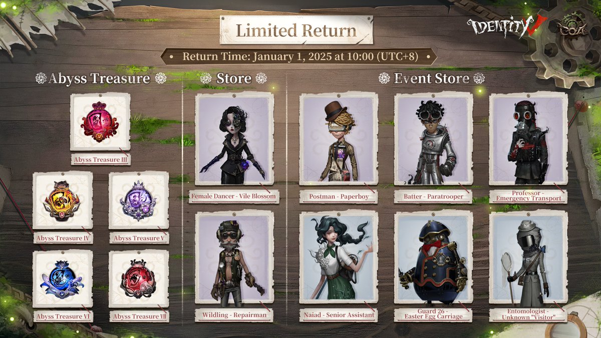 GameIdentityV's tweet photo. Dear Visitors,
Get ready for the Call of Abyss VIII journey!
Call of the Abyss VIII is coming, with COAVIII Essence available on January 2!
This year, visitors can earn rewards like up to 20 essences, costumes, and pets.
For more details, please check the image.
#IdentityV #COAVIII