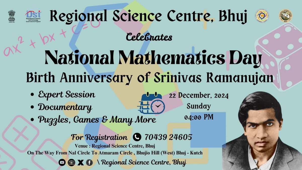 RscBhuj's tweet photo. @RscBhuj celebrates #NationalMathematicsDay with a day full of #fun and learning! Enjoy expert sessions, mind-bending #puzzles, and interactive games for all ages. Let's make math fun together! #MathActivities https://t.co/Wj3mgsDsSP