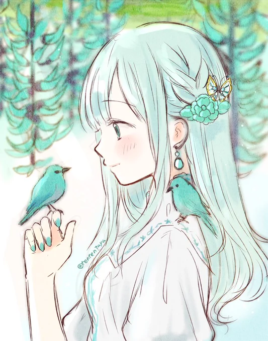 ロクショウヒタキとヒスイカズラの落書き。今日の鳥展で小さく展示されていたロクショウヒタキちゃんの剥製がとても綺麗で忘れられないので…#イラスト#創作 