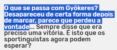 _Goalpoint's tweet photo. DIZ-ME QUE NÃO VISTE UM JOGO SEM ME DIZERES QUE NÃO VISTE UM JOGO
(contexto screenshot: pergunta feita a João Pereira no pos-match do #SCPBFC)
O "desaparecido" Viktor Gyökeres 🇸🇪, frente ao Boavista:
- Jogador com + remates (6)
- Jogador com + enquadrados (2)
- Jogador com + xG (1.11)
- Jogador com + ações na área (15)
- Jogador com + dribles eficazes (2, empatado)
- Jogador com + duelos aéreos ganhos (3)
- 2º Jogador do Sporting com + duelos disputados (11)
- 1 Golo (e uma "assistência", não atribuída analiticamente pela Opta devido a ligeiro desvio do passe num defesa boavisteiro mas atribuível em "futebol observado com olhos de ver")
Conclusão? Há que ver os jogos, com toda a informação hoje disponível, antes e rumar à sala de imprensa, senão fica estranho 🤦♂️