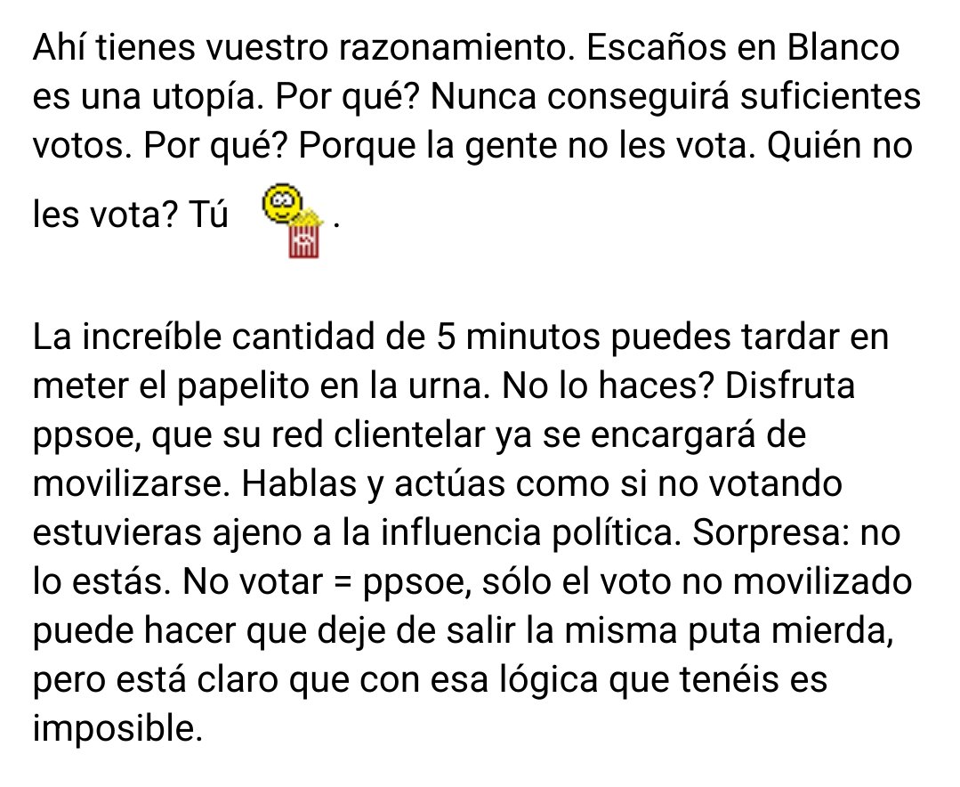 Nos pasan esto de forocoches.

Si todos los que dicen que no votan a Escaños en Blanco porque no les vota a nadie nos votaran, habria 40 escaños vacios en el Congreso (y medio Senado vacío)