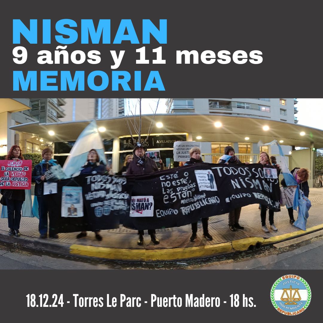 Cómo todos los 18 de cada mes, el <a href="/EquipoRepublic1/">Equipo Republicano</a> vamos en Procesión en Memoria del Fiscal Alberto Nisman. Los esperamos.
#NoFueSuicidioFueMagnicidio
<a href="/Tomidiazcueto/">Tomas Diaz Cueto</a> <a href="/Elpresto1Ok/">El Presto</a> <a href="/alepassarelliok/">ale passarelli</a> <a href="/Desdemona_jna/">Desdémona</a> <a href="/Cris_noticias/">Cristina Perez</a> <a href="/LuisGasulla/">Luis Gasulla</a> <a href="/LicAuraMarinaR1/">LicAuraMarinaRiosFlores</a>