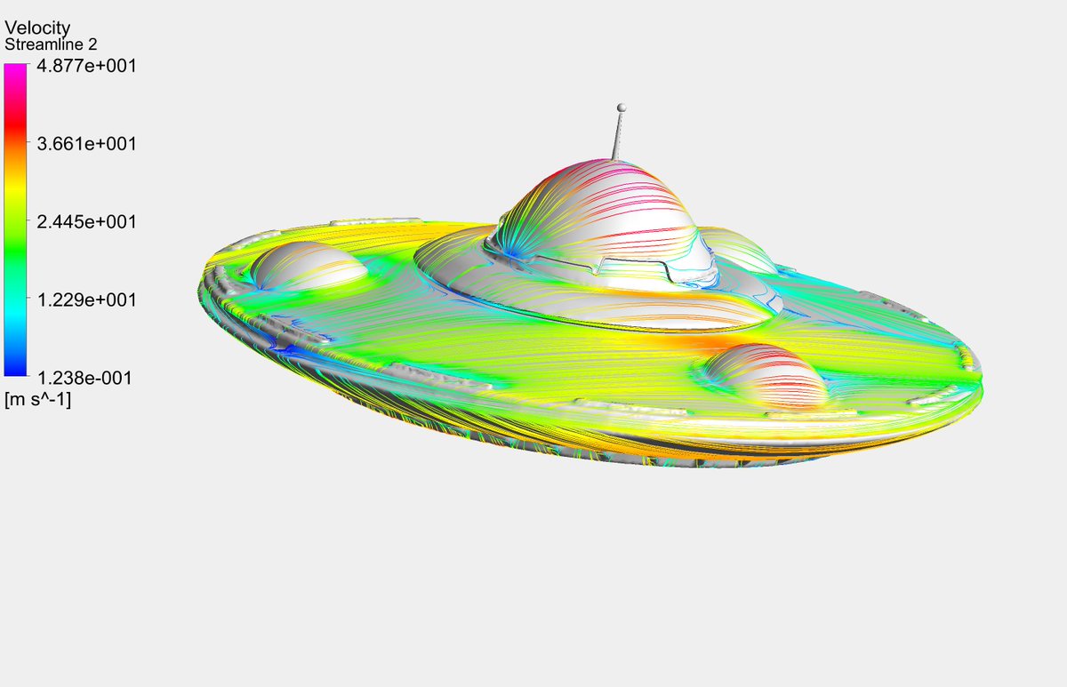 Simulation showing air velocity streamlines on UFO surface. Source: fetchcfd.com/view-project/1…
UFOs #UFOSightings #UFOs #ufosighting #UNIDENTIFIED #CFD #Simulation #ComputationalFluidDynamics #Engineering #newjerseyufos #fluidsimulation #Sunday #sundayvibes #NewJerseyUFO #FetchCFD