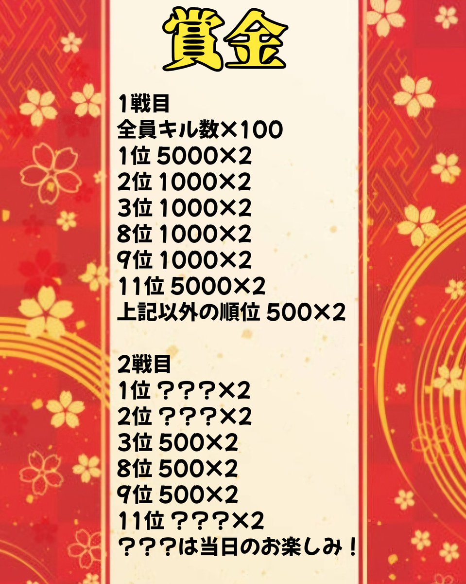 貢ぎ屋復活1周年✨2連戦
🗓 1月11日
⏰ 22:30 ☞ 23:00
🗺嵐の半島 
👤 Duo
💰賞金総額10万✨
参加者全員賞金あり！

【完全招待制】
いつも貢ぎ屋㊎、我儘☆に案件、ぶち込みありがとうございます😊
普段から仲良くしてくれる方も感謝🙏 

✍️メンバー揃ってから
2人の荒野名とID
✔ 招待者名