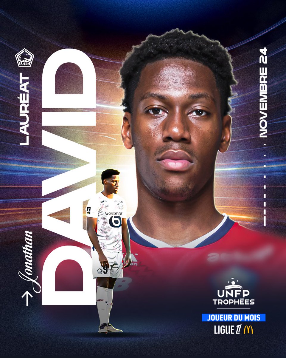 ActuL1_'s tweet photo. 🚨 OFFICIEL ! JONATHAN DAVID EST ÉLU JOUEUR DU MOIS DE NOVEMBRE EN LIGUE 1 ! ❤️🤍

Mérité pour le Canadien ? 🤔🇨🇦

📸 @UNFP https://t.co/vtUogMXwSv