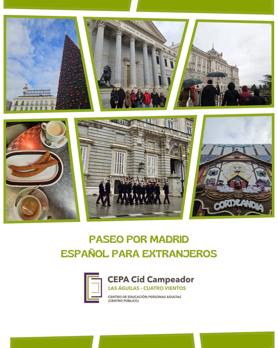 El grupo de Español para extranjeros del #CEPACidCampeador visitó el centro de Madrid para conocer mejor el patrimonio y curiosidades de nuestra ciudad.

Palacio Real, Catedral de la Almudena, Plaza Mayor, Congreso de los Diputados... ¡y cafés con churros para entrar en calor!