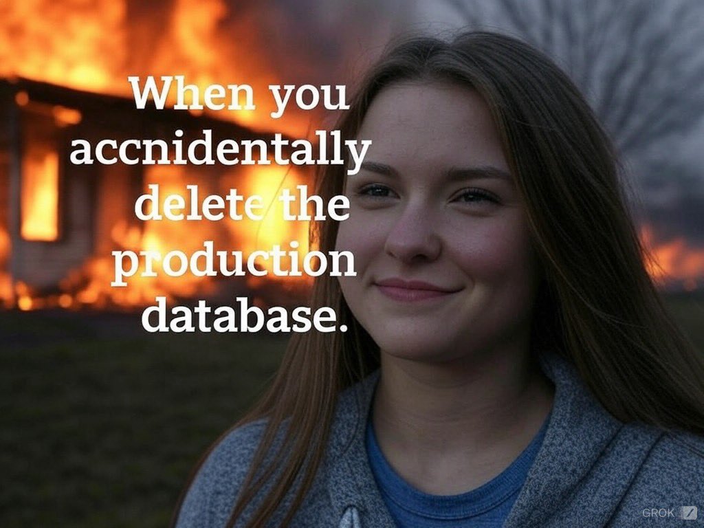 EnriqueBarreto's tweet photo. When you accidentally delete the production database 🔥😬 #DatabaseDisaster #ProductionWipeOut #TechMistakes #DevOpsFail #AccidentalDelete #OhNoMoment #CodeCatastrophe #ITNightmare #BackupNeeded #DataLoss 🗄️🚫💾😱🚨🧑‍💻 https://t.co/HObikSwh3p