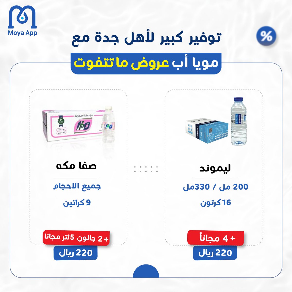moyaapp's tweet photo. ✨ عروض خاصة لكل أهل جدة مع مويا أب💧
🎉 أفضل الأسعار مع التوصيل لباب بيتك بكل سهولة وسرعة 🚚

📲 لا تفوت العرض، حمل التطبيق واطلب الآن

🔗 رابط الطلب: https://t.co/rm5a4EZIWD https://t.co/4Oltgupx4b