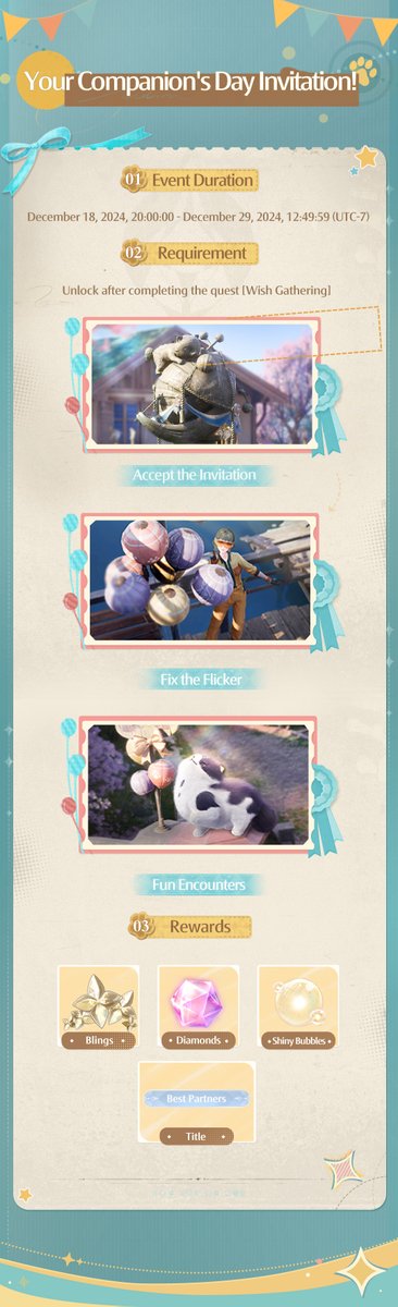 InfinityNikkiEN's tweet photo. It's Companion's Day! | Event Details ✨

To honor the bravery of a heroic Floof and show deep respect for love and mutual support, the residents of Florawish established the annual [Companion's Day]. However, it seems that some unexpected events have arisen this year...

During the Companion's Day event, Stylists can take part in activities such as [Accept the Invitation], [Fix the Flicker], and [Fun Encounters], earning rewards and titles along the way.

Dear Stylists, come to Florawish and celebrate [Companion's Day] with us!

——
The Coziest Open-World Game
Infinity Nikki Available Now!
➤ Download Now: https://t.co/30AcRL0uSm
➤ Join us on Discord: https://t.co/QvZPw1gJOV
#InfinityNikki