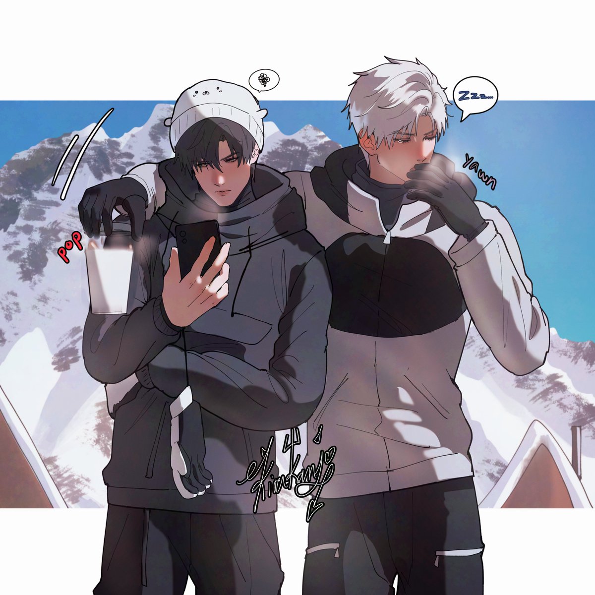 Kirakanjo's tweet photo. It's so bright out here Zayne can't tell if their lift tickets went through...
Also..
Who's gonna warn Sylus his coffee is-- ah too late

#LoveandDeepspace https://t.co/mENaFU0J7m