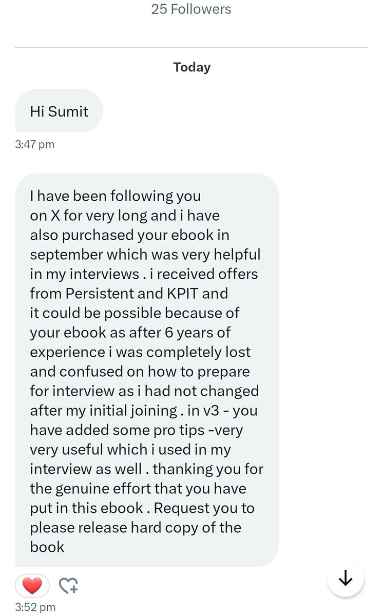 I was going through all the DMs I’ve received today, and I am overwhelmed by  so many thank-you messages for the book🙏

 Your encouragement means so much to me and motivates me to continue improving the eBook. 

I’m glad it could be a helpful resource in your job search, but the