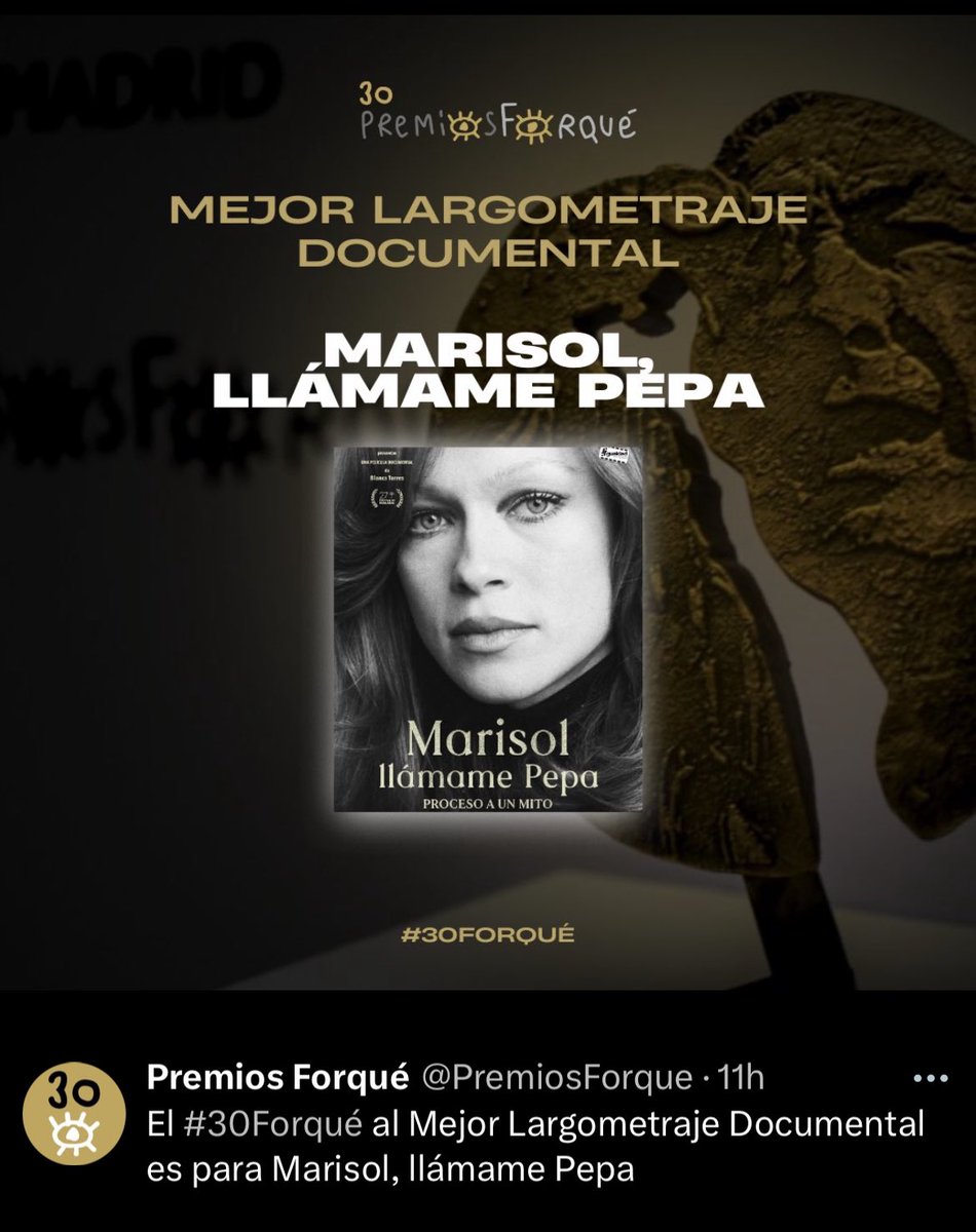 Nos hemos llevado el #premiosforque a mejor largometraje documental. Qué viva Pepa, qué viva el equipo que lo parió y la grandísima directora que lo luchó y lo defiende día a día, <a href="/coupdesable/">blanca torres</a>