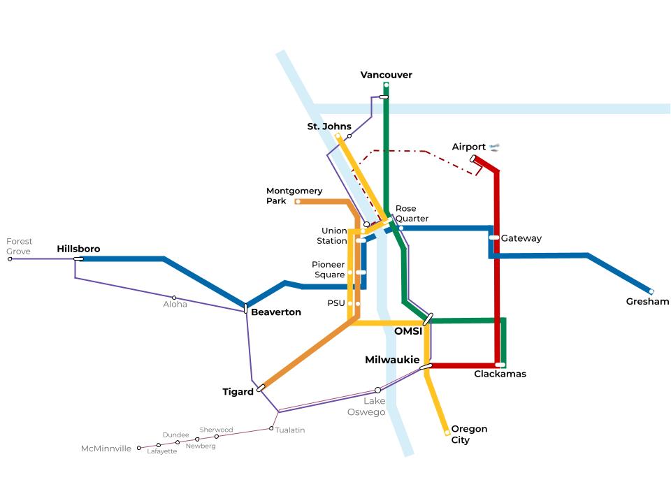 JakeDutt's tweet image. A feasible (but optimistic) map of TriMet's rail future: earth.google.com/web/@45.490706…