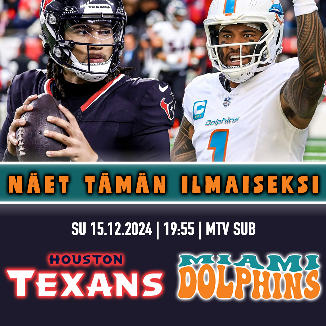 Mika Laurila (@laurilamika) on Twitter photo TYKKÄÄ–JAA–INNOSTU–JULISTA
Tule tänään katsomaan jenkkifutista! Erinomaiseen katseluaikaan Subilla hieman ennen iltakasia.
19.55: Texans vs Dolphins
Kommentaattorina <a href="/KalleKarppinen/">Kalle Karppinen</a>
Jefu-kansa ja #NFLfi-väki: puhukaa! Kerrotaan tästä kaikille. TYKKÄÄ–JAA–INNOSTU–JULISTA
Tule tänään katsomaan jenkkifutista! Erinomaiseen katseluaikaan Subilla hieman ennen iltakasia.
19.55: Texans vs Dolphins
Kommentaattorina <a href="/KalleKarppinen/">Kalle Karppinen</a>
Jefu-kansa ja #NFLfi-väki: puhukaa! Kerrotaan tästä kaikille.