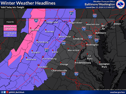 NWS_BaltWash's tweet photo. Winter Weather headlines remain in effect for today into tonight along and west of the Blue Ridge. Travel could be hazardous at times today in these areas as snow, sleet, and freezing rain move through. https://t.co/vBrJffRdDA