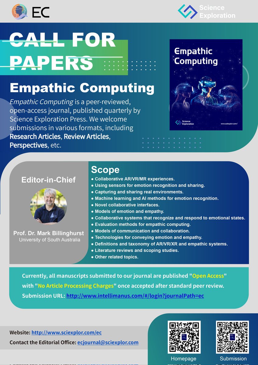Rozhen Kamal Mohammed-Amin (@rozhenkm) on Twitter photo It is my absolut pleasure & honor for joining the promising journal of "Empathetic Computing" as a member of the Editorial Board and work with highly inspiring & influential scientists like Prof. <a href="/marknb00/">Mark Billinghurst</a>
A new scholarly responsibility & journey! sciexplor.com/ec/editorial_b… It is my absolut pleasure & honor for joining the promising journal of "Empathetic Computing" as a member of the Editorial Board and work with highly inspiring & influential scientists like Prof. <a href="/marknb00/">Mark Billinghurst</a>
A new scholarly responsibility & journey! sciexplor.com/ec/editorial_b…