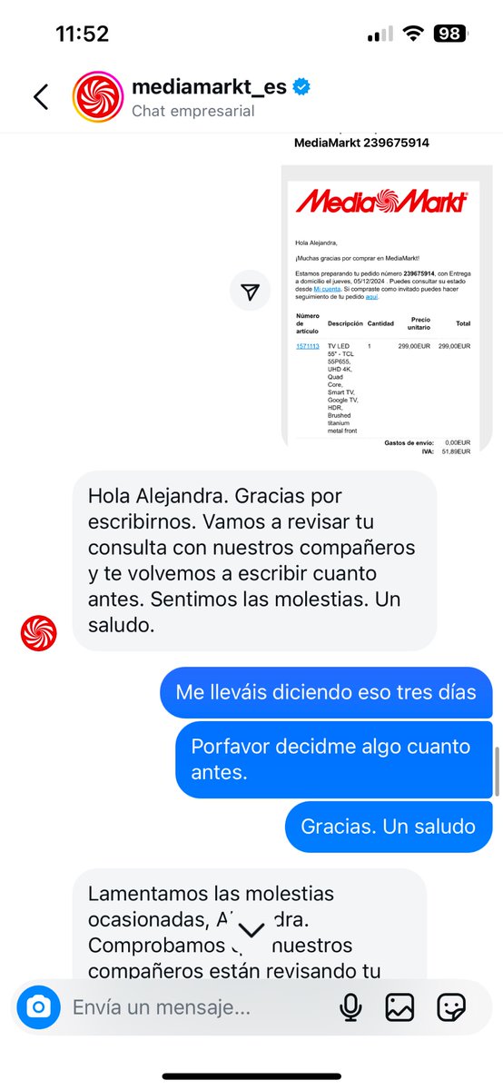 AlejandraGaladi's tweet photo. Mando correos a atención al cliente y no responden, hablo por Instagram y la conversación es ya un vacile, respondiendo absolutamente todo el rato lo mismo. Adjunto parte de la conversación@MediaMarkt_es https://t.co/WPiw2BtZv5