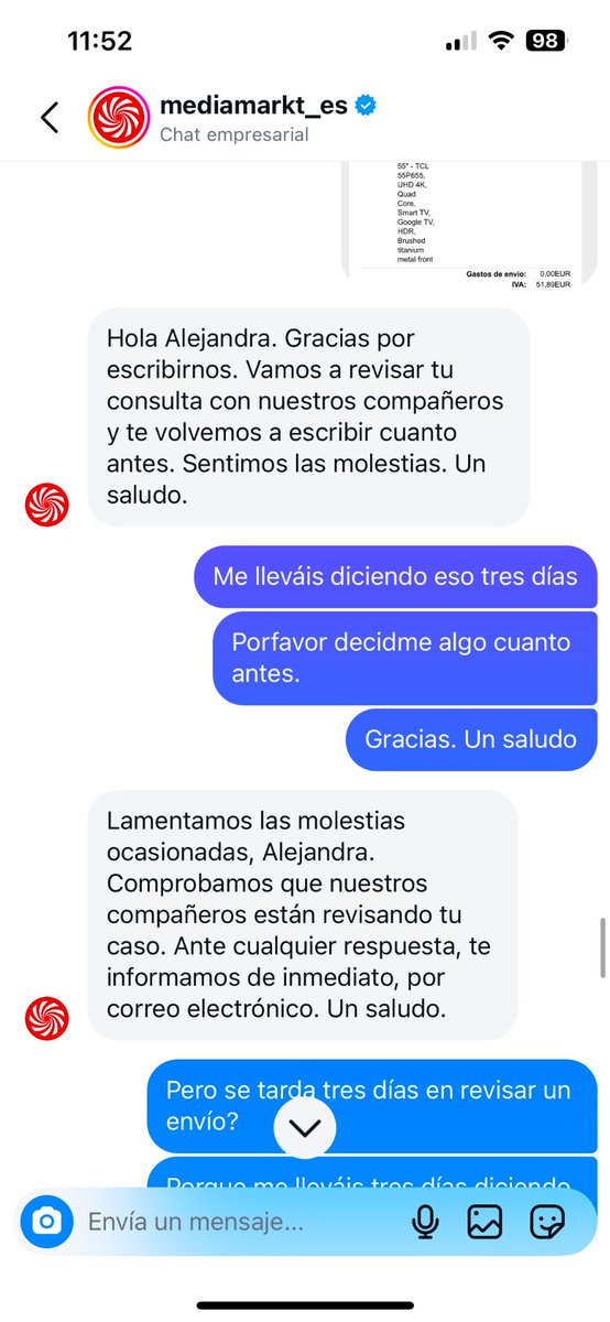 AlejandraGaladi's tweet photo. Mando correos a atención al cliente y no responden, hablo por Instagram y la conversación es ya un vacile, respondiendo absolutamente todo el rato lo mismo. Adjunto parte de la conversación@MediaMarkt_es https://t.co/WPiw2BtZv5