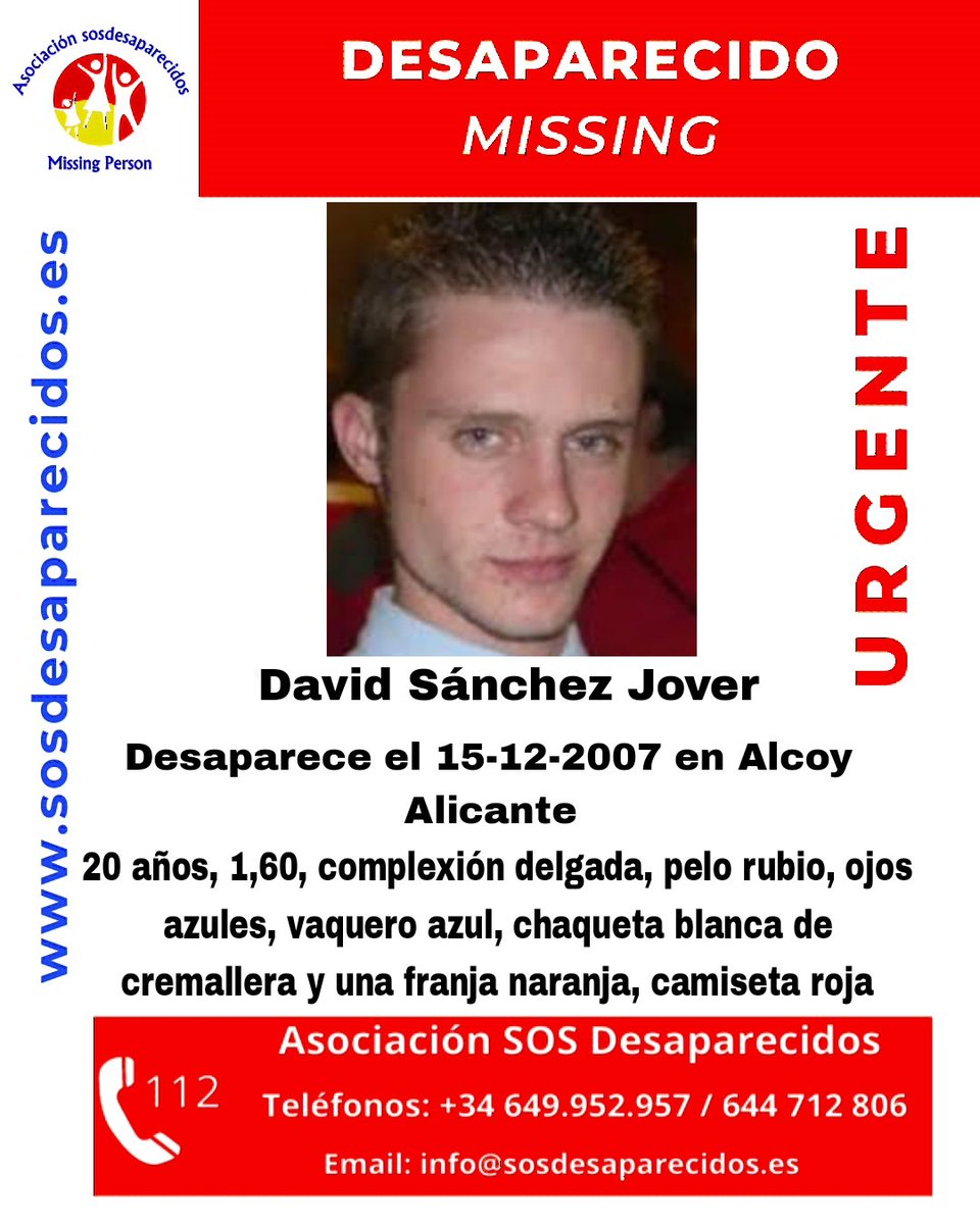 🆘 DESAPARECIDO
17 años sin David.
#sosdesaparecidos #Desaparecido #Missing #España #Alcoy
Fuente: sosdesaparecidos
Síguenos <a href="/sosdesaparecido/">ALERTA DESAPARECIDOS</a>