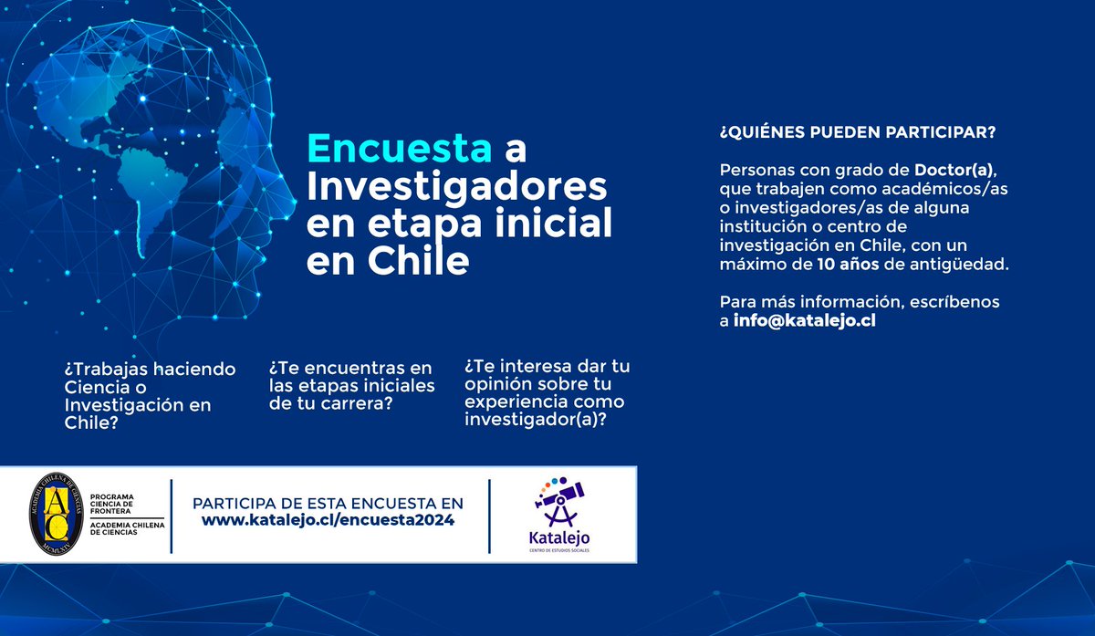 Participa respondiendo a la encuesta a investigadores en etapa inicial en Chile.

Link de la encuesta: encuesta.katalejo.cl/index.php?r=su…