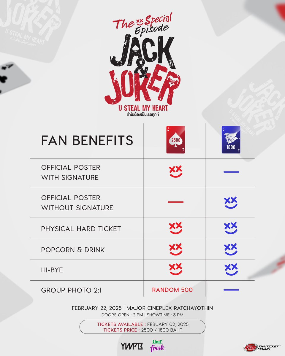 jackandjoker_'s tweet photo. 🃏♠️ THE SPECIAL EPISODE
JACK&JOKER U STEAL MY HEART ทำไมต้องเป็นเธอทุกที

การกลับมาอีกครั้งของแจ็คและโจ๊กเกอร์ มาร่วมรับชมตอนพิเศษของซีรีส์พร้อมกัน

🎭 วันที่ 22 กุมภาพันธ์ 2568
📍MAJOR CINEPLEX RATCHAYOTHIN

🎟️ ขายบัตรวันที่ 2 กุมภาพันธ์ 2568 เวลา 10.00 น. เป็นต้นไป
🎫 ราคาบัตร 2,500 / 1,800 บาท
💲 ซื้อบัตรได้ที่ https://t.co/DQcnbs3QEn

🎭 22 February 2025
📍MAJOR CINEPLEX RATCHAYOTHIN

🎟️ Ticket on sale 2 February 2025 | 10:00 AM (GMT+7)
🎫 Tickets price 2,500 / 1,800 BAHT
💲 Tickets are available at https://t.co/DQcnbs3QEn

ติดตามข้อมูลเพิ่มเติมทาง social media ทาง x @jackandjoker_
Facebook & IG : jackandjoker.official

#JACKANDJOKER