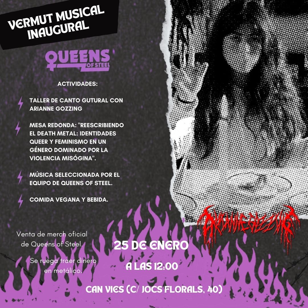 queensofsteel's tweet image. Musiquita, taller, charla, comida vegana casera, cerveza artesana y bebidas no alcohólicas a precios populares y merch exclusivo. Coge efectivo y tu vaso y vente!

En esta primera actividad queremos celebrar la música extrema como un espacio inclusivo, de reflexión y de comunidad