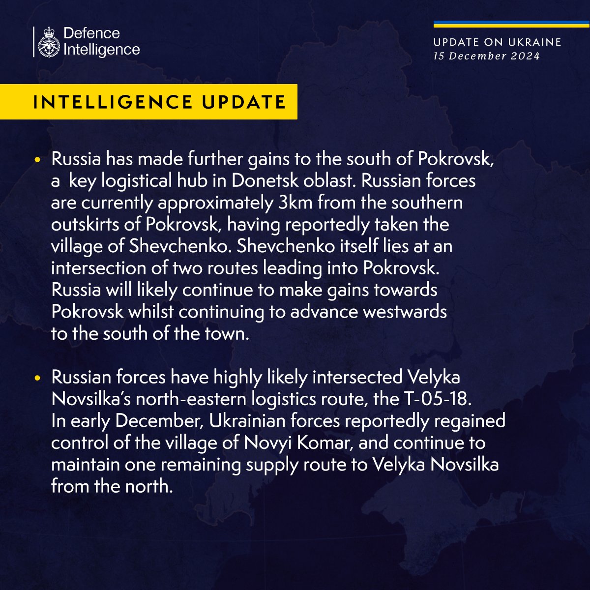 Russia has made further gains to the south of Pokrovsk, a key logistical hub in Donetsk oblast. Russian forces are currently approximately 3km from the southern outskirts of Pokrovsk, having reportedly taken the village of Shevchenko. Shevchenko itself lies at an intersection of two routes leading into Pokrovsk. Russia will likely continue to make gains towards Pokrovsk whilst continuing to advance westwards to the south of the town.    Russian forces have highly likely intersected Velyka Novsilka’s north-eastern logistics route, the T-05-18. In early December, Ukrainian forces reportedly regained control of the village of Novyi Komar, and continue to maintain one remaining supply route to Velyka Novsilka from the north.
