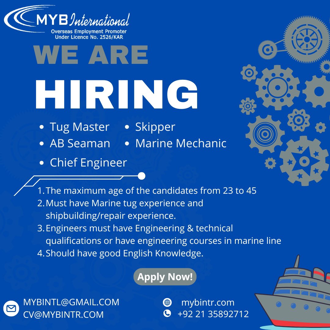 mybintl's tweet photo. An esteemed offshore company in Saudi Arabia is seeking skilled professionals for the following positions through our recruitment services: 
1. Tug Master:
2. AB Seaman (Able-Bodied Seaman) :
3. Skipper: 
4. Marine Mechanic:
5. Chief Engineer:

How to Apply:
+922135892712 https://t.co/0mLtqkIJ5j