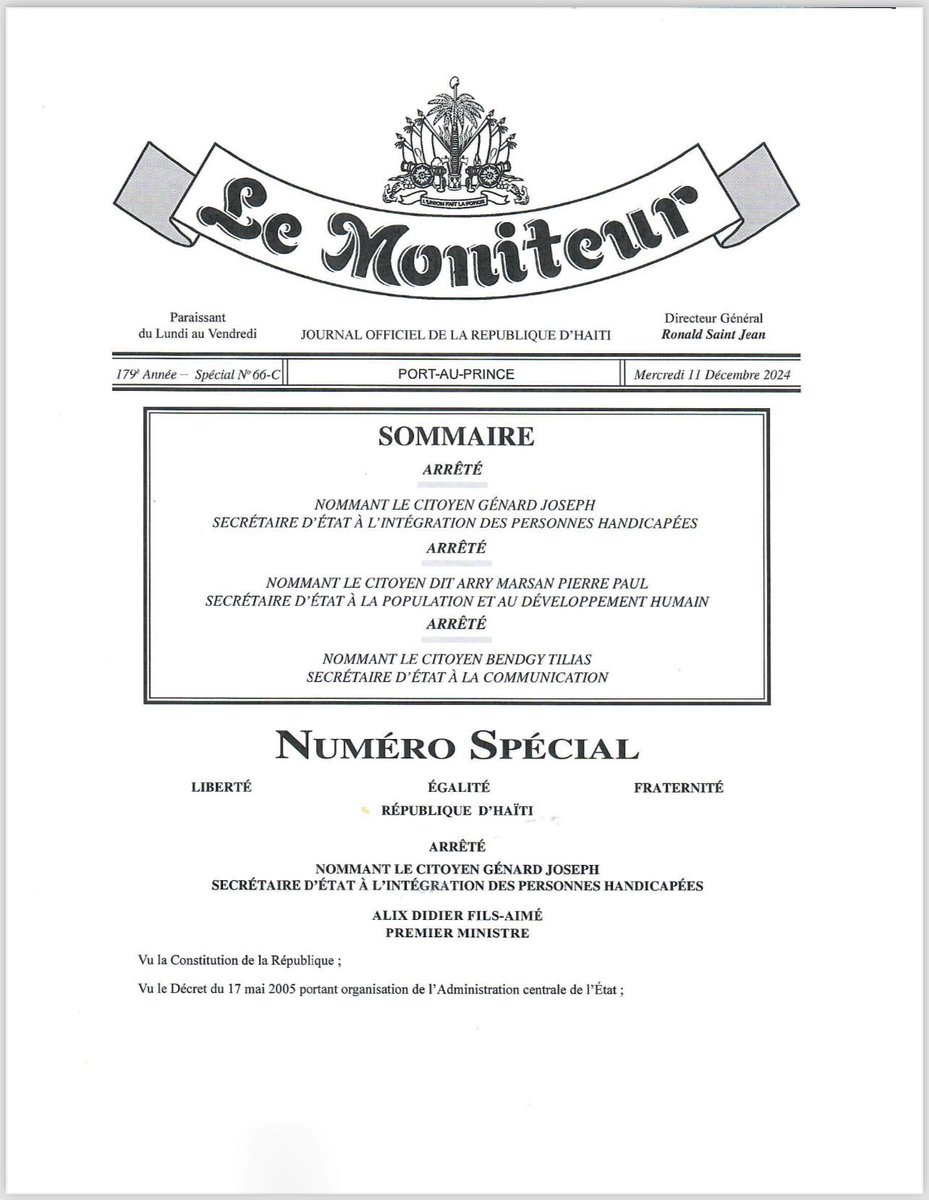 exodenewshaiti's tweet photo. Un nouveau secrétaire d’Etat à la communication a été nommé dans un arrêté daté le mercredi 11 décembre 2024. Il s’agit du jeune capois @BendgyTilias , ancien conseiller en communication de la Présidence. #ExodeNews https://t.co/GsNQdXtBvB